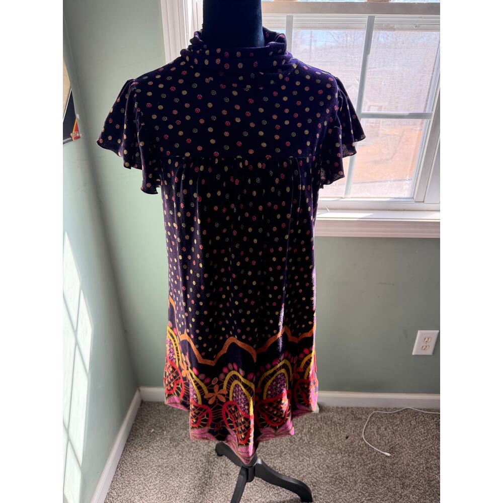 Poppy Garden Velvet Polka Dot Boho Mini Dress Size M Turtleneck Ruffle Sleeves